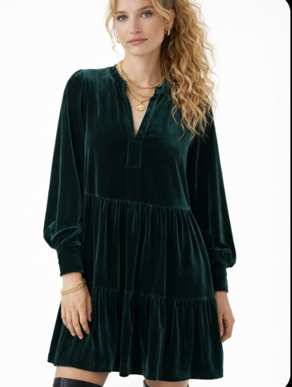 New Green Tiered Velvet Long Sleeve Notch V Neck Short Dress NWT Size M